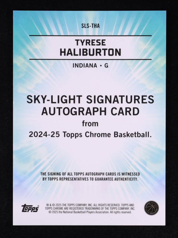 Tyrese Haliburton 2024-25 Topps Chrome Sky-Light Signatures Orange Geometric Refractors #SLSTHA #18/25 at PristineAuction.com Tyrese Haliburton 2024-25 Topps Chrome Sky-Light Signatures Orange Geometric Refractors #SLSTHA #18/25 at PristineAuction.com