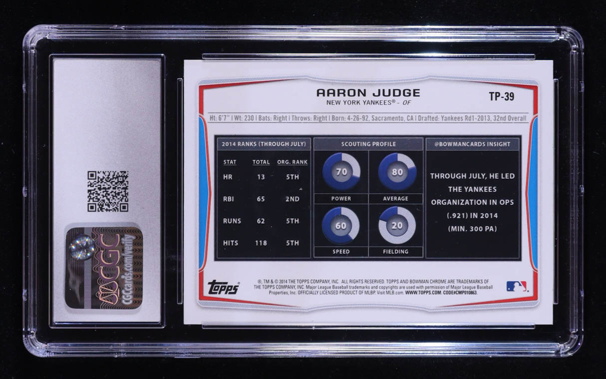 Aaron Judge 2014 Bowman Draft Top Prospects #TP-39 RC (SGC 10) at PristineAuction.com Aaron Judge 2014 Bowman Draft Top Prospects #TP-39 RC (SGC 10) at PristineAuction.com