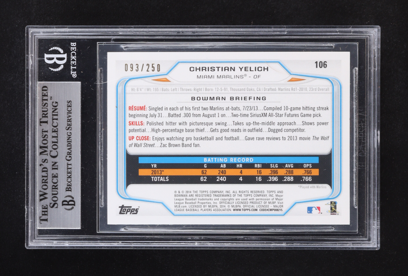Christian Yelich 2014 Bowman Orange #106 RC #093/250 (BGS 8.5) at PristineAuction.com Christian Yelich 2014 Bowman Orange #106 RC #093/250 (BGS 8.5) at PristineAuction.com