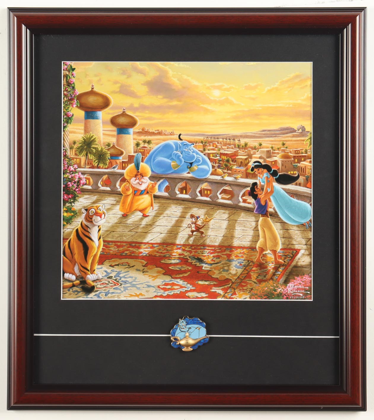 Thomas Kinkade "Aladdin" Custom Framed Print Display with Genie Lamp Pin at PristineAuction.com Thomas Kinkade "Aladdin" Custom Framed Print Display with Genie Lamp Pin at PristineAuction.com