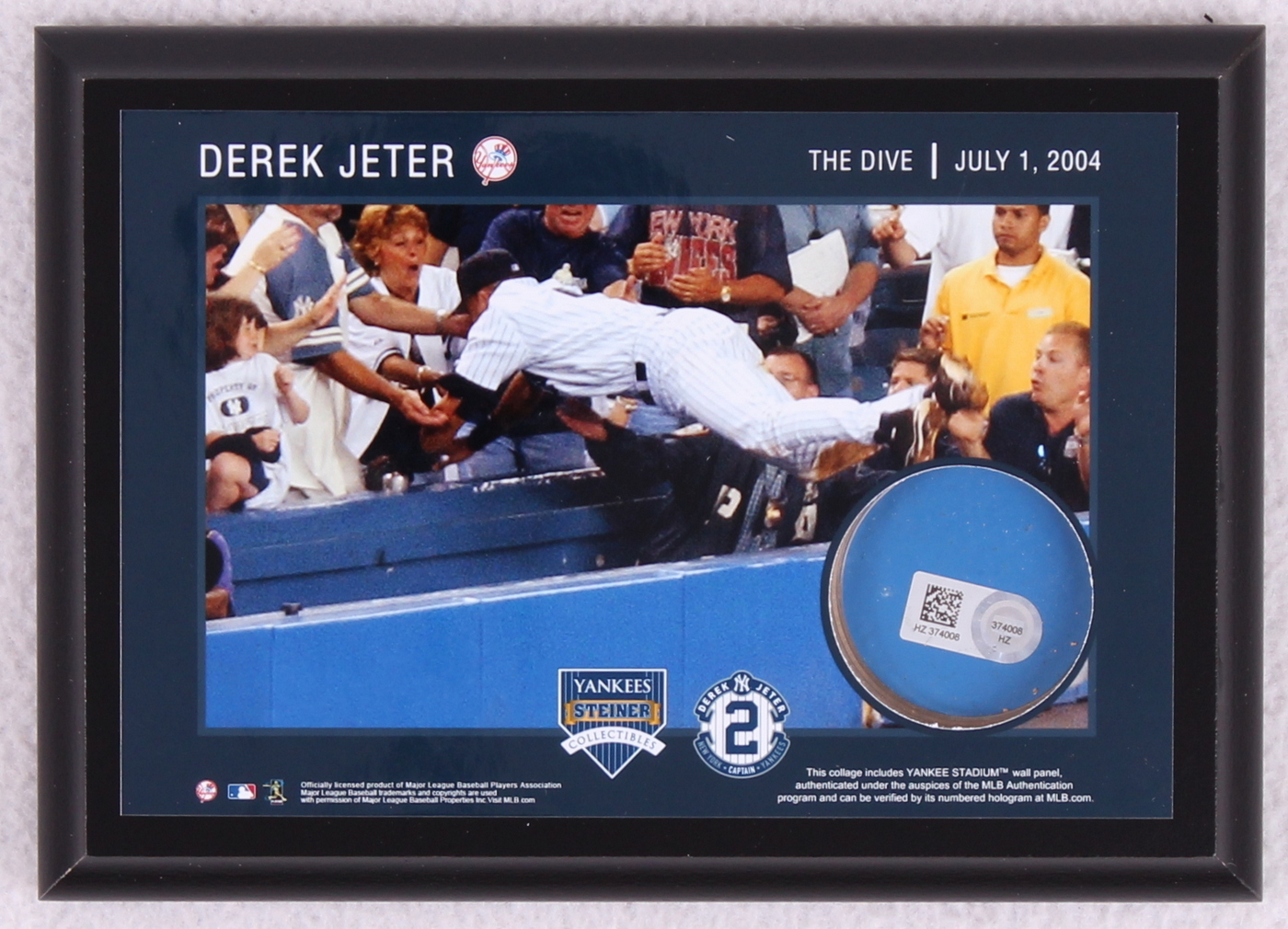 Derek Jeter "The Dive" 5x7 Photo Plaque with Authentic Yankee Stadium Wall Panel (MLB & Steiner COA) at PristineAuction.com Derek Jeter "The Dive" 5x7 Photo Plaque with Authentic Yankee Stadium Wall Panel (MLB & Steiner COA) at PristineAuction.com