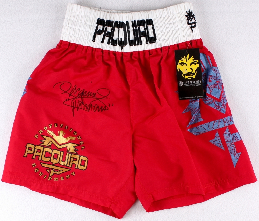 Manny Pacquiao Signed Boxing Shorts Inscribed "Pacman" (Pacquiao COA) at PristineAuction.com Manny Pacquiao Signed Boxing Shorts Inscribed "Pacman" (Pacquiao COA) at PristineAuction.com