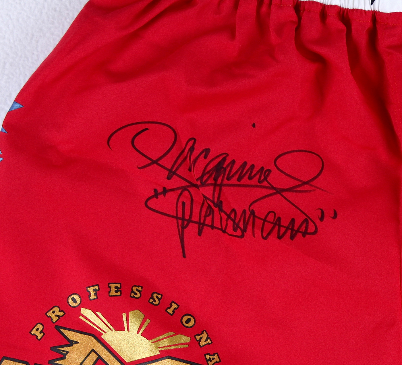 Manny Pacquiao Signed Boxing Shorts Inscribed "Pacman" (Pacquiao COA) at PristineAuction.com Manny Pacquiao Signed Boxing Shorts Inscribed "Pacman" (Pacquiao COA) at PristineAuction.com