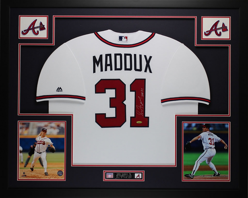 Greg Maddux Signed 35" x 43" Custom Framed Jersey Inscribed "HOF 14" (TriStar) at PristineAuction.com Greg Maddux Signed 35" x 43" Custom Framed Jersey Inscribed "HOF 14" (TriStar) at PristineAuction.com