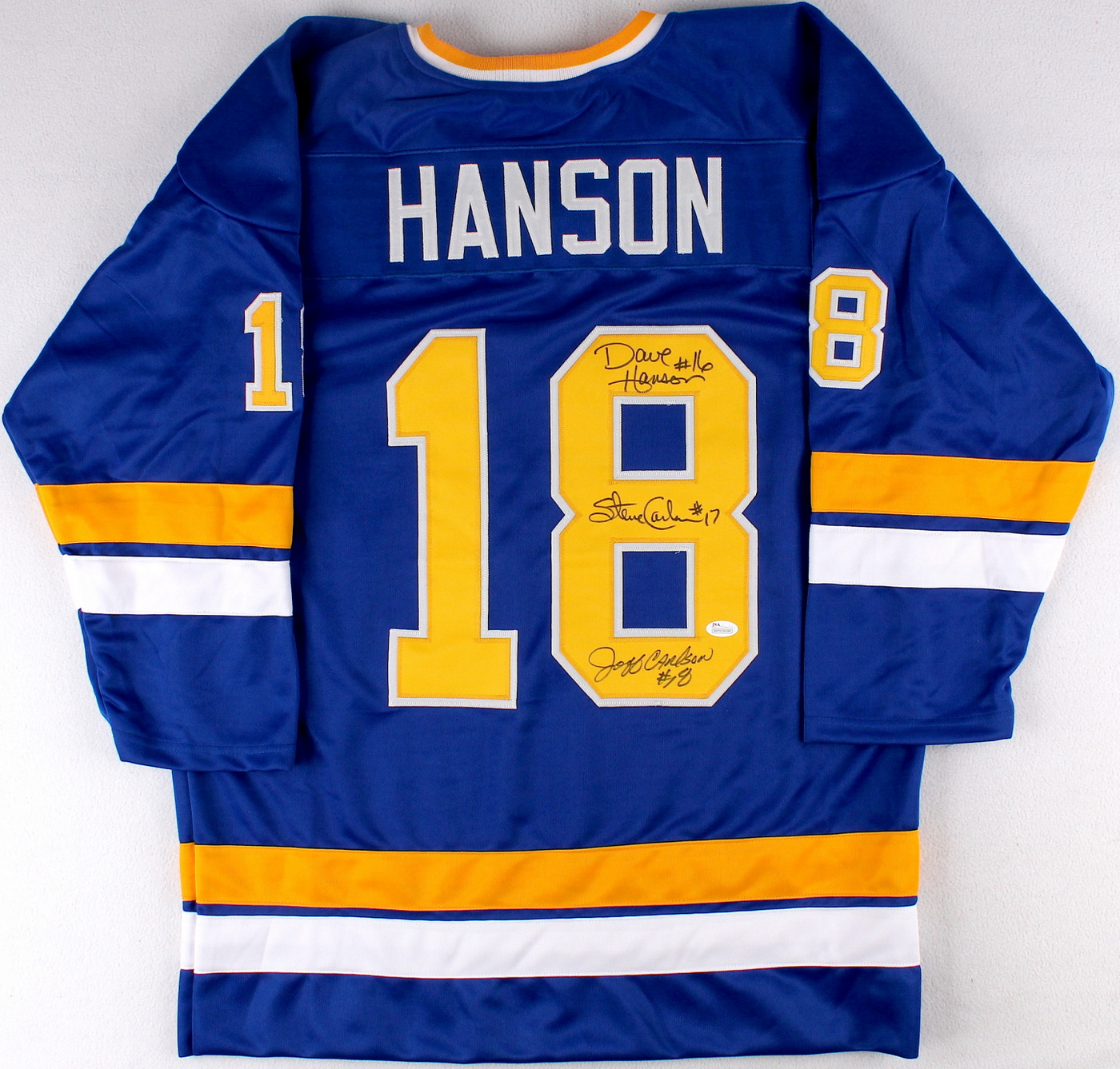 Dave Hanson, Steve Carlson & Jeff Carlson Signed Hanson Brothers "Slap Shot" Chiefs Jersey (JSA COA) at PristineAuction.com Dave Hanson, Steve Carlson & Jeff Carlson Signed Hanson Brothers "Slap Shot" Chiefs Jersey (JSA COA) at PristineAuction.com