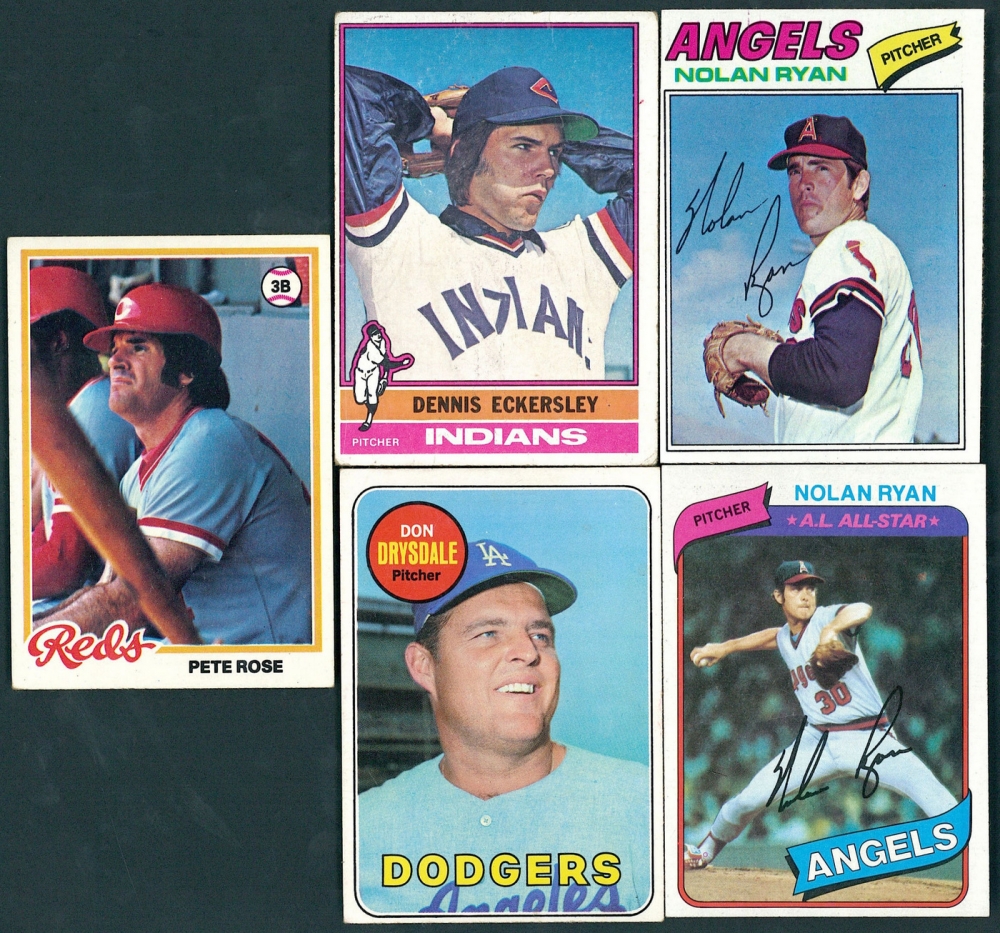Lot of (5) Baseball Cards With 1976 Topps #98 Dennis Eckersley RC, 1977  Topps #650 Nolan Ryan, 1978 Topps #20 Pete Rose, 1969 Topps #400 Don  Drysdale, & 1980 Topps #580 Nolan Ryan | Pristine Auction