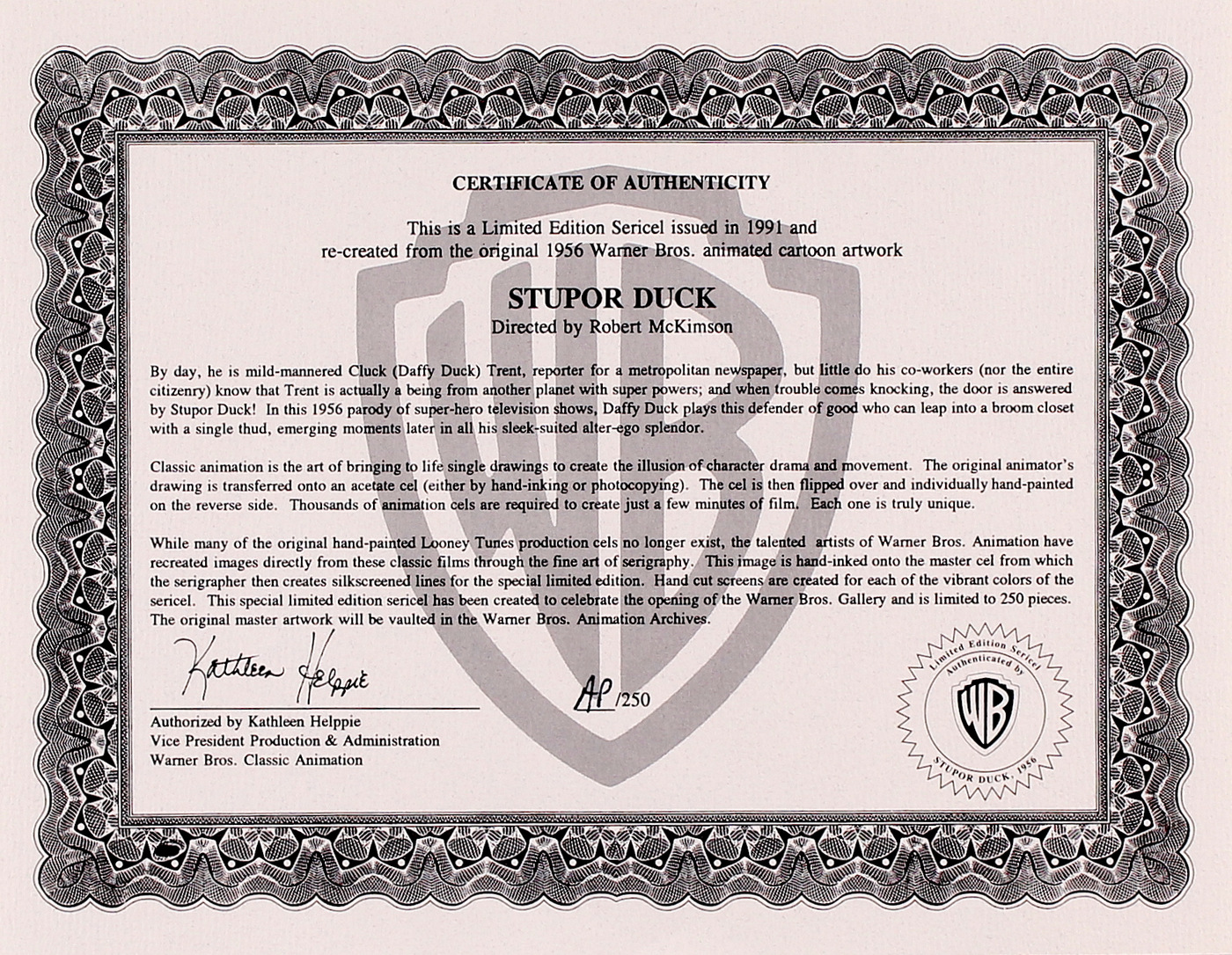 Daffy Duck "Stupor Duck" 1991 Warner Bros. Limited Edition 16x19 Matted Animation Sericel (Official Warner Bros Authentication Seal & COA) at PristineAuction.com Daffy Duck "Stupor Duck" 1991 Warner Bros. Limited Edition 16x19 Matted Animation Sericel (Official Warner Bros Authentication Seal & COA) at PristineAuction.com