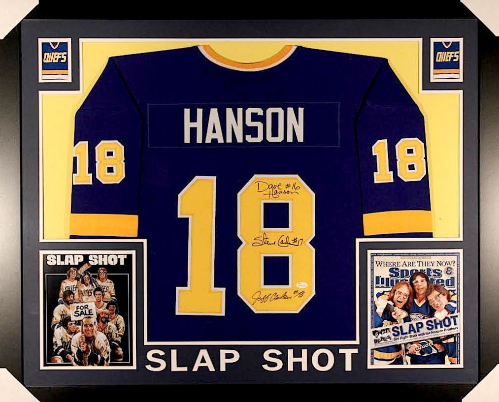 Hanson Brothers Signed "Slap Shot" Chiefs 35x43 Custom Framed Jersey Signed by (3) with Dave Hanson, Steve Carlson & Jeff Carlson (JSA COA) at PristineAuction.com Hanson Brothers Signed "Slap Shot" Chiefs 35x43 Custom Framed Jersey Signed by (3) with Dave Hanson, Steve Carlson & Jeff Carlson (JSA COA) at PristineAuction.com
