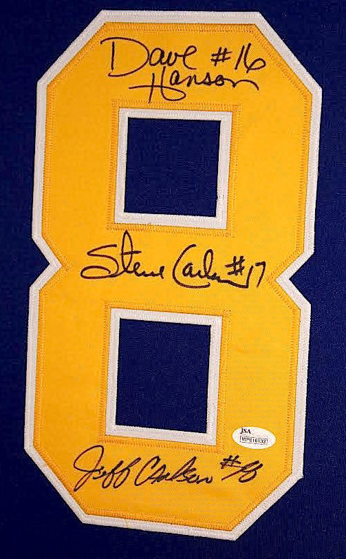 Hanson Brothers Signed "Slap Shot" Chiefs 35x43 Custom Framed Jersey Signed by (3) with Dave Hanson, Steve Carlson & Jeff Carlson (JSA COA) at PristineAuction.com Hanson Brothers Signed "Slap Shot" Chiefs 35x43 Custom Framed Jersey Signed by (3) with Dave Hanson, Steve Carlson & Jeff Carlson (JSA COA) at PristineAuction.com