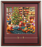 Thomas Kinkade "Mickey & Friends Christmas" Custom Framed Print Display with (2) Retired Mickey & Minnie Brass Pins at PristineAuction.com