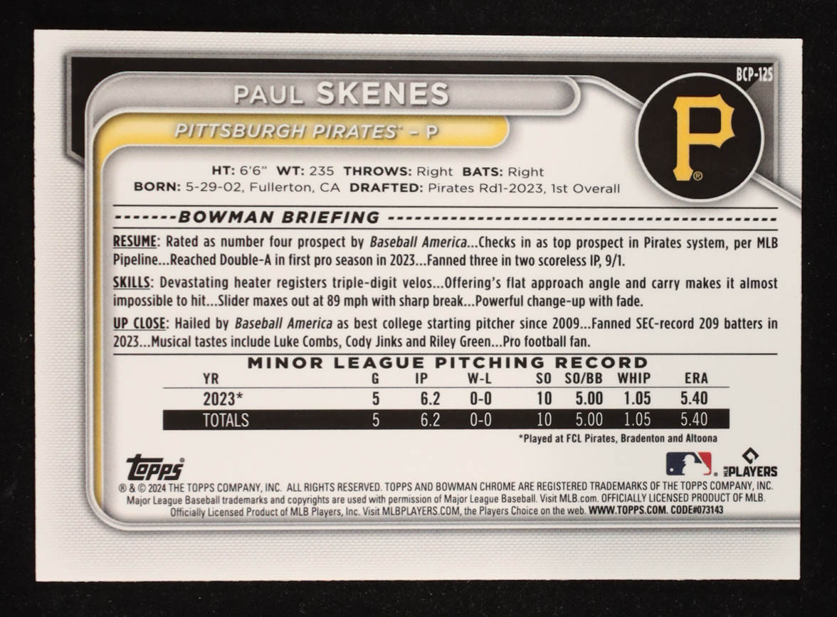 Paul Skenes 2024 Bowman Chrome Mega Box Prospects Pink Refractors #BCP125 #36/199 RC at PristineAuction.com Paul Skenes 2024 Bowman Chrome Mega Box Prospects Pink Refractors #BCP125 #36/199 RC at PristineAuction.com