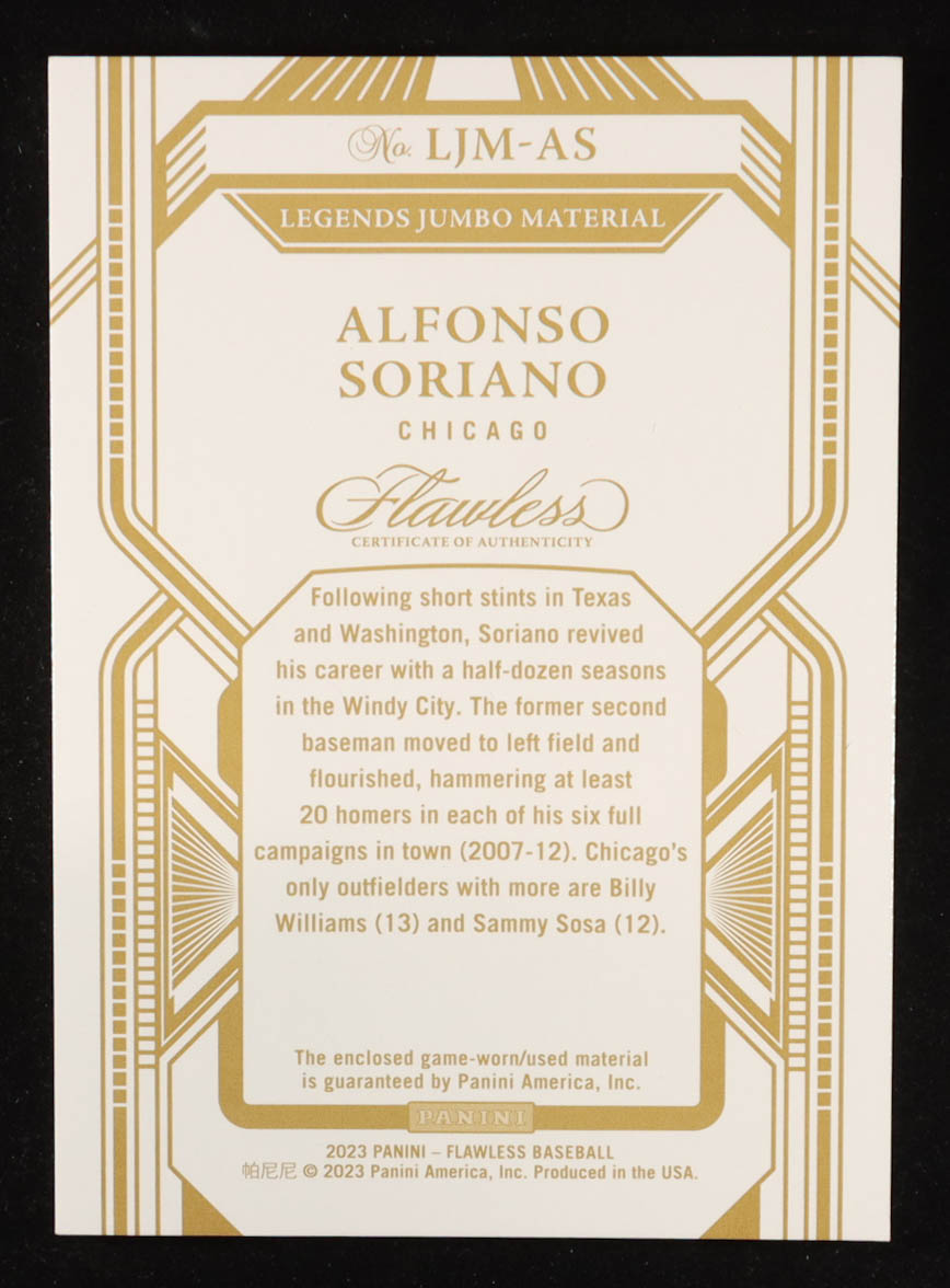 Alfonso Soriano 2023 Panini Flawless Legends Jumbo Material Ruby #14 #1/7 at PristineAuction.com Alfonso Soriano 2023 Panini Flawless Legends Jumbo Material Ruby #14 #1/7 at PristineAuction.com