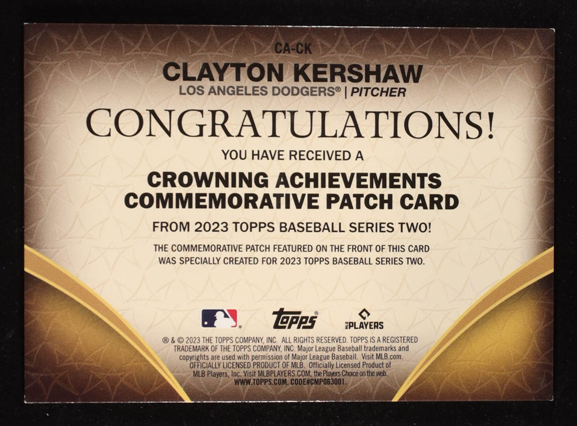 Clayton Kershaw 2023 Topps Crowning Achievements Commemorative Patches Black #CACK #124/299 at PristineAuction.com Clayton Kershaw 2023 Topps Crowning Achievements Commemorative Patches Black #CACK #124/299 at PristineAuction.com
