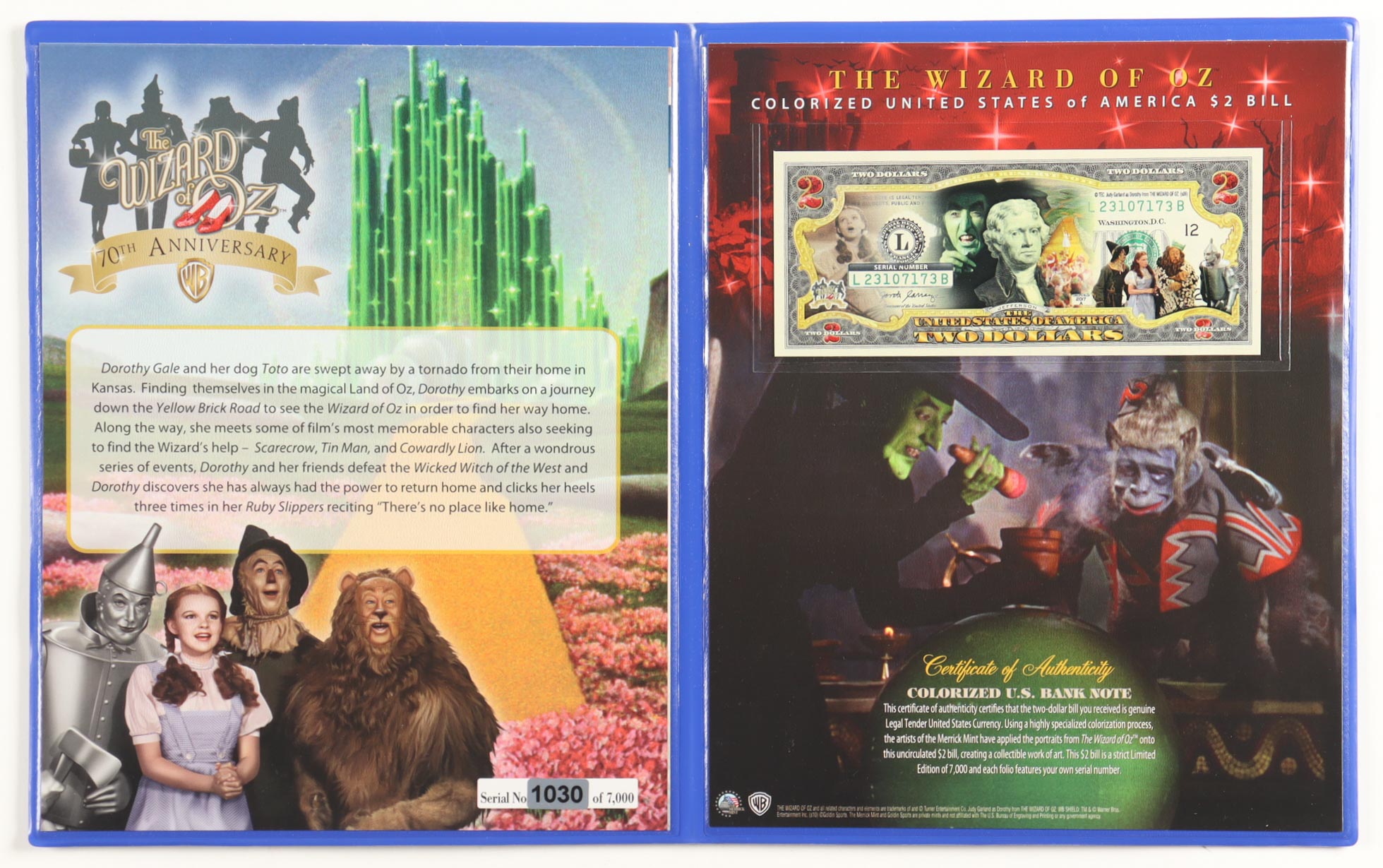 Wizard of Oz Genuine Legal Tender Colorized U.S. $2.00 Two Dollar Bill Commemorative Edition Bank Note with Folder at PristineAuction.com Wizard of Oz Genuine Legal Tender Colorized U.S. $2.00 Two Dollar Bill Commemorative Edition Bank Note with Folder at PristineAuction.com