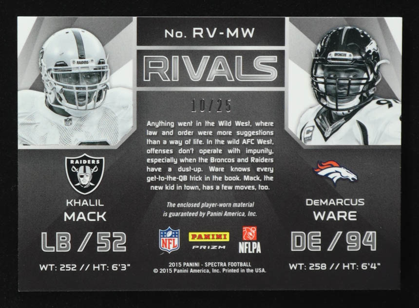 DeMarcus Ware / Khalil Mack 2015 Panini Spectra Rivals Jerseys Neon Green #RVMW #10/25 at PristineAuction.com DeMarcus Ware / Khalil Mack 2015 Panini Spectra Rivals Jerseys Neon Green #RVMW #10/25 at PristineAuction.com