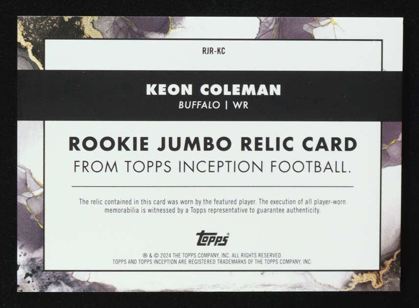 Keon Coleman 2024 Topps Inception Rookie Jumbo Relics Red #RJRKC #27/75 RC at PristineAuction.com Keon Coleman 2024 Topps Inception Rookie Jumbo Relics Red #RJRKC #27/75 RC at PristineAuction.com