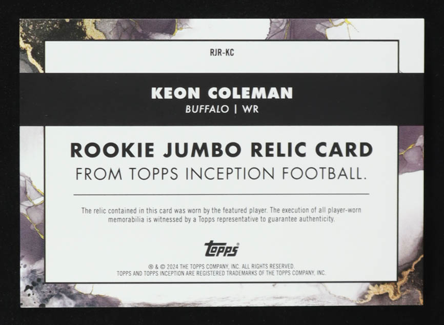 Keon Coleman 2024 Topps Inception Rookie Jumbo Relics Purple #RJRKC #11/125 RC at PristineAuction.com Keon Coleman 2024 Topps Inception Rookie Jumbo Relics Purple #RJRKC #11/125 RC at PristineAuction.com