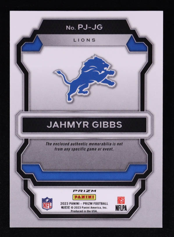 Jahmyr Gibbs 2023 Panini Prizm Premier Jerseys Silver #PJJG RC at PristineAuction.com Jahmyr Gibbs 2023 Panini Prizm Premier Jerseys Silver #PJJG RC at PristineAuction.com