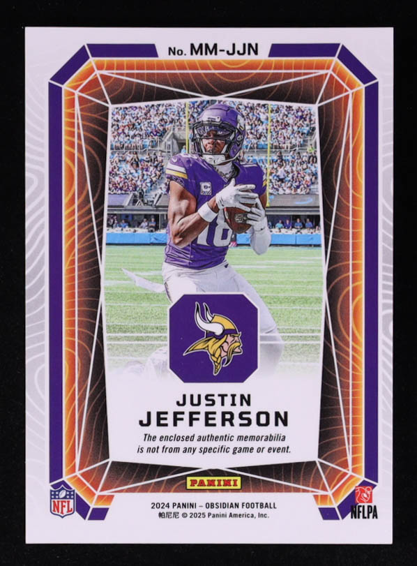Justin Jefferson 2024 Panini Obsidian Magmatic Memorabilia #1 at PristineAuction.com Justin Jefferson 2024 Panini Obsidian Magmatic Memorabilia #1 at PristineAuction.com