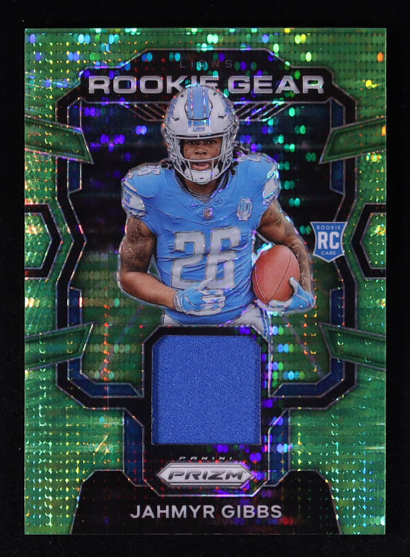 Jahmyr Gibbs 2023 Panini Prizm Neon Green Pulsar Rookie Gear #RGJG RC at PristineAuction.com Jahmyr Gibbs 2023 Panini Prizm Neon Green Pulsar Rookie Gear #RGJG RC at PristineAuction.com