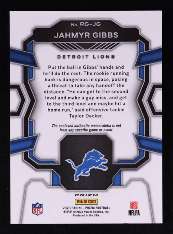 Jahmyr Gibbs 2023 Panini Prizm Neon Green Pulsar Rookie Gear #RGJG RC at PristineAuction.com Jahmyr Gibbs 2023 Panini Prizm Neon Green Pulsar Rookie Gear #RGJG RC at PristineAuction.com