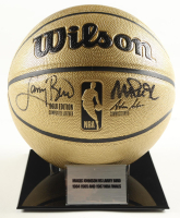 Larry Bird & Magic Johnson Signed NBA Basketball With Display Stand (PSA & Beckett) at PristineAuction.com