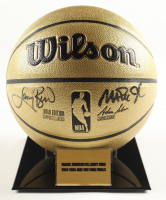 Larry Bird & Magic Johnson Signed NBA Basketball With Display Stand (PSA & Beckett) at PristineAuction.com