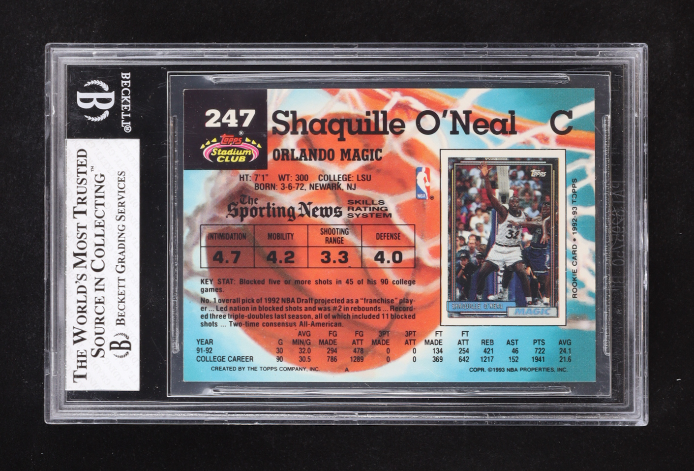 Shaquille O'Neal 1992-93 Stadium Club #247 RC (BGS 8) at PristineAuction.com Shaquille O'Neal 1992-93 Stadium Club #247 RC (BGS 8) at PristineAuction.com