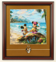 Thomas Kinkade "Mickey & Minnie Mouse In Hawaii" Custom Framed Print Display with Mickey & Minnie Mouse Rhinestone Pin at PristineAuction.com