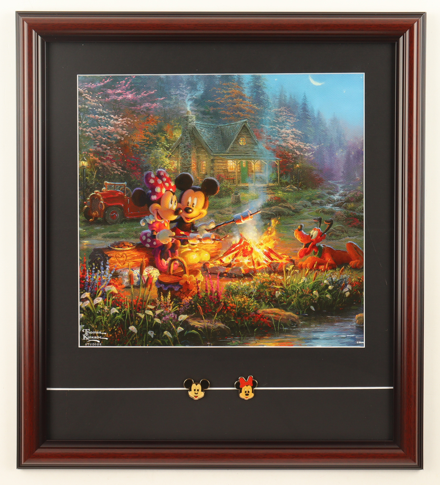 Thomas Kinkade "Mickey & Minnie Mouse by the Campfire" Custom Framed Print Display with Mickey & Minnie Mouse Portrait Pins at PristineAuction.com Thomas Kinkade "Mickey & Minnie Mouse by the Campfire" Custom Framed Print Display with Mickey & Minnie Mouse Portrait Pins at PristineAuction.com