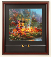 Thomas Kinkade "Mickey & Minnie Mouse by the Campfire" Custom Framed Print Display with Mickey & Minnie Mouse Portrait Pins at PristineAuction.com