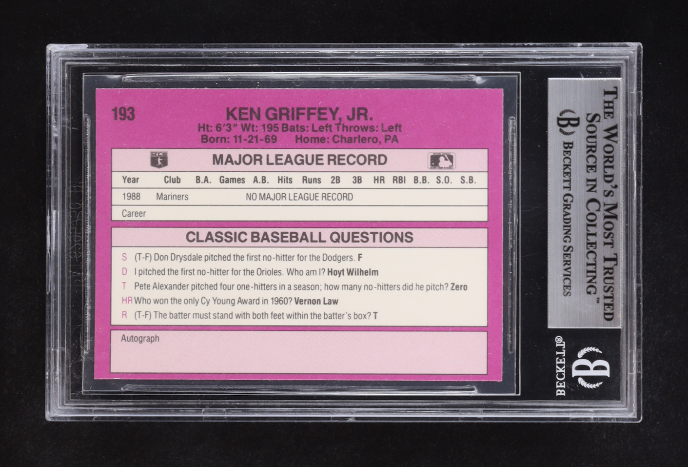 Ken Griffey Jr. 1989 Classic Travel Purple #193 RC (BGS 9) at PristineAuction.com Ken Griffey Jr. 1989 Classic Travel Purple #193 RC (BGS 9) at PristineAuction.com