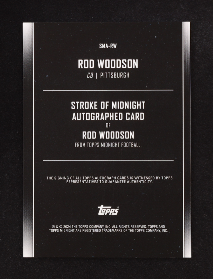Rod Woodson 2024 Topps Midnight Stroke of Midnight Autographs Twilight #SMA-RW #9/99 at PristineAuction.com Rod Woodson 2024 Topps Midnight Stroke of Midnight Autographs Twilight #SMA-RW #9/99 at PristineAuction.com