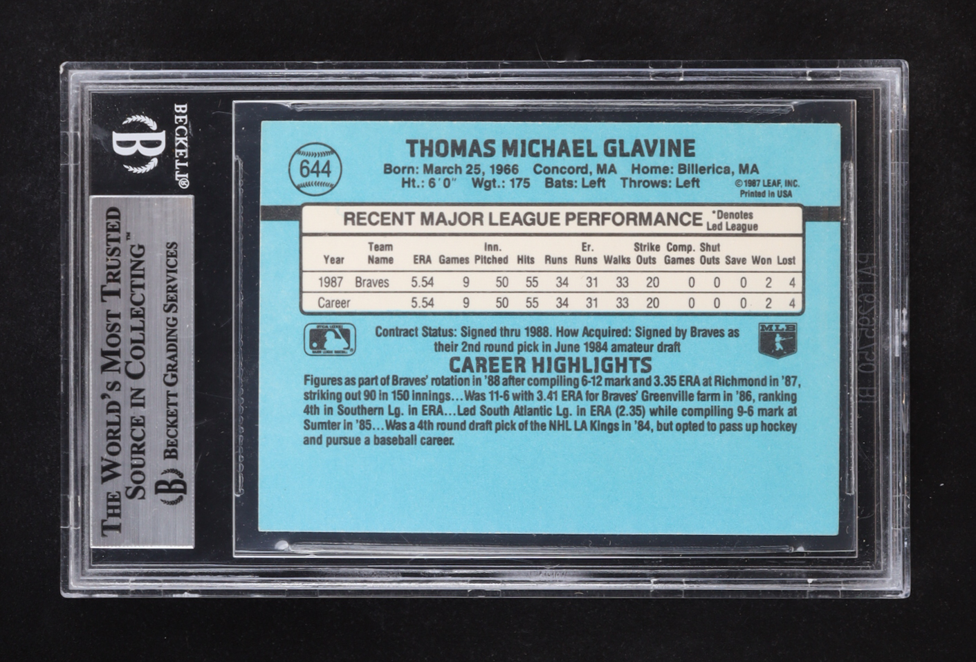 Tom Glavine 1988 Donruss #644 RC (BGS 8.5) at PristineAuction.com Tom Glavine 1988 Donruss #644 RC (BGS 8.5) at PristineAuction.com