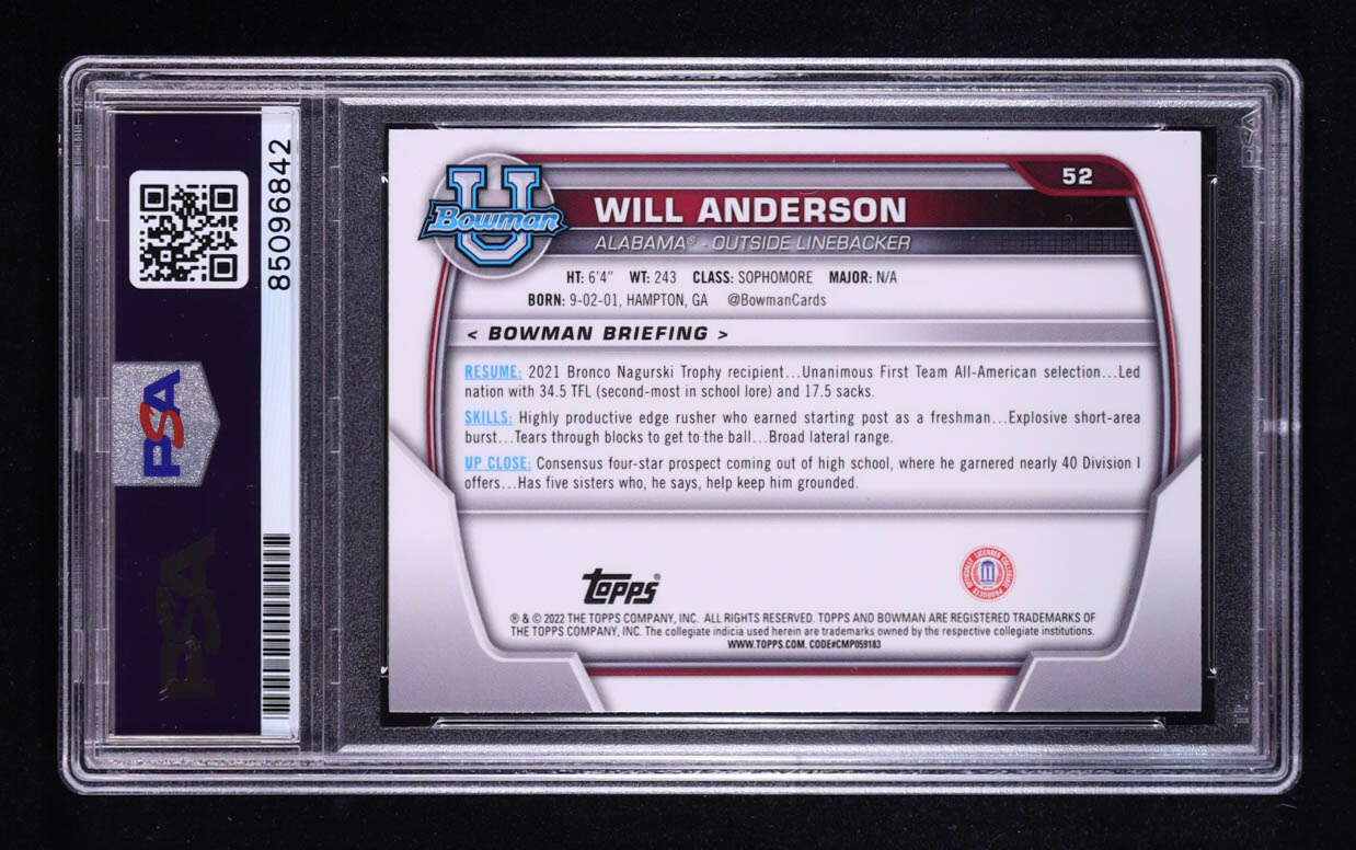 Will Anderson Jr. Signed 2022 Bowman Chrome University #52 RC Inscribed "Roll Tide" (PSA) at PristineAuction.com Will Anderson Jr. Signed 2022 Bowman Chrome University #52 RC Inscribed "Roll Tide" (PSA) at PristineAuction.com