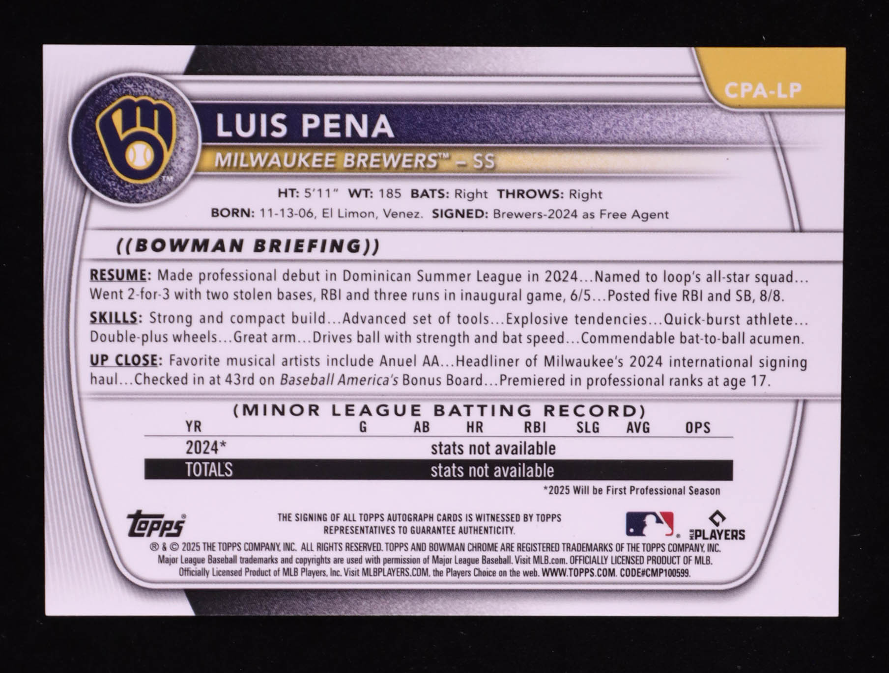 Luis Pena 2025 Bowman Chrome Prospect Autographs #CPALP RC at PristineAuction.com Luis Pena 2025 Bowman Chrome Prospect Autographs #CPALP RC at PristineAuction.com