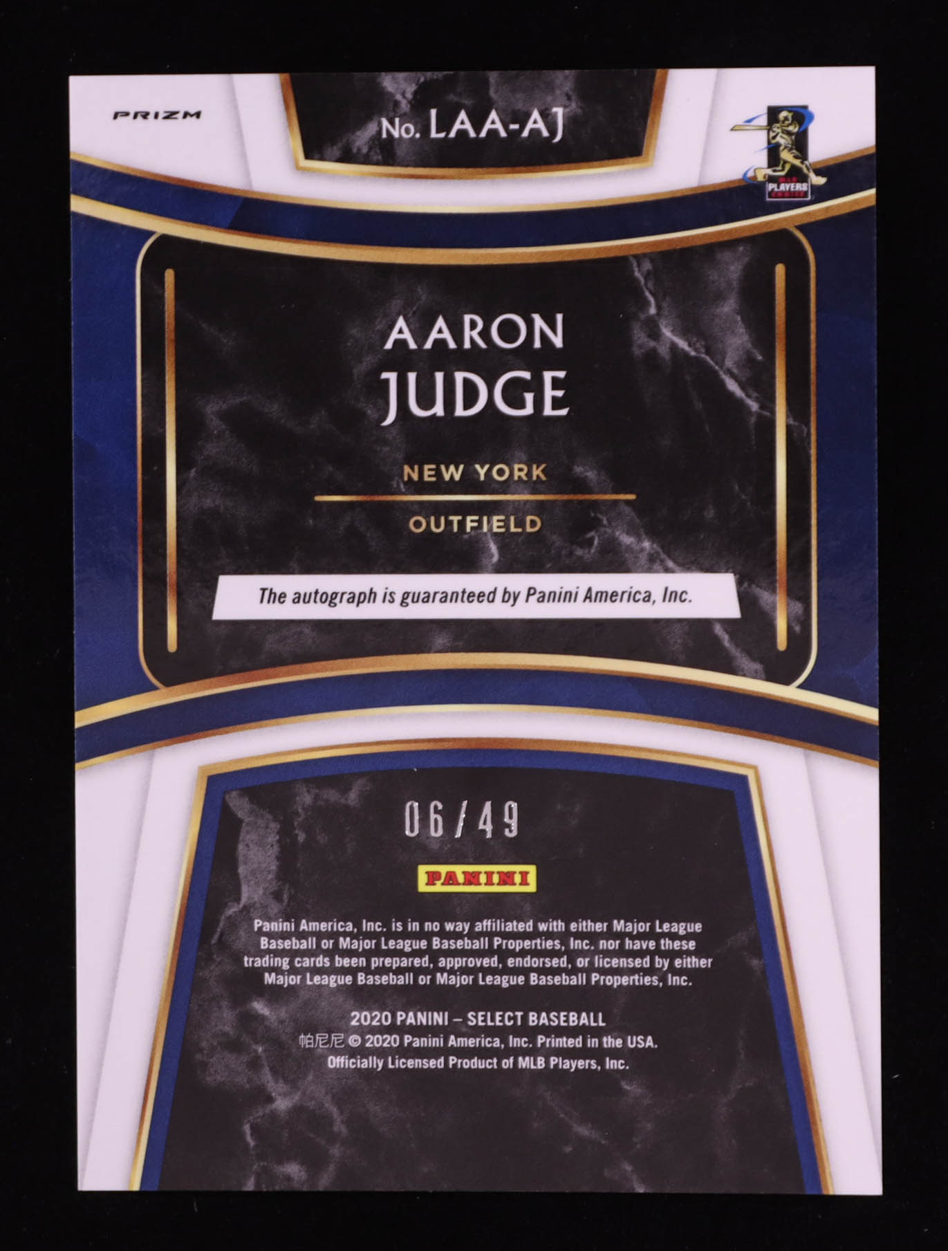 Aaron Judge 2020 Select Launch Angle Autographs Prizms Tri-Color #1 #06/49 at PristineAuction.com Aaron Judge 2020 Select Launch Angle Autographs Prizms Tri-Color #1 #06/49 at PristineAuction.com