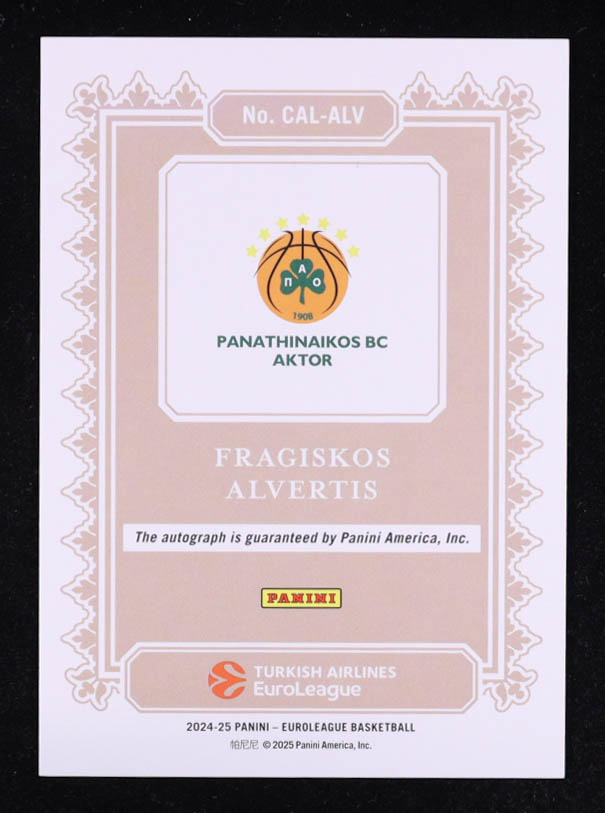 Fragiskos Alvertis 2024-25 Panini Turkish Airlines EuroLeague Calligraphy Signatures #CALALV at PristineAuction.com Fragiskos Alvertis 2024-25 Panini Turkish Airlines EuroLeague Calligraphy Signatures #CALALV at PristineAuction.com