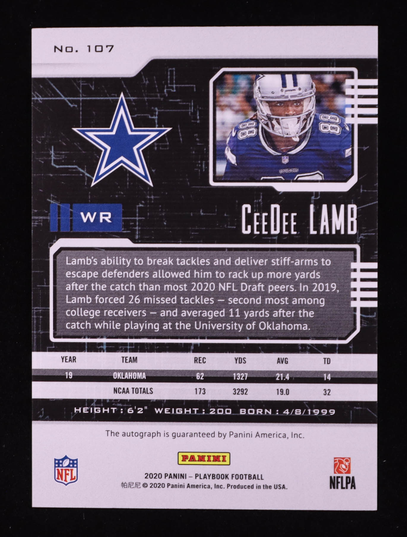 CeeDee Lamb 2020 Panini Playbook Rookies Signatures Blue #107 #1/5 RC at PristineAuction.com CeeDee Lamb 2020 Panini Playbook Rookies Signatures Blue #107 #1/5 RC at PristineAuction.com
