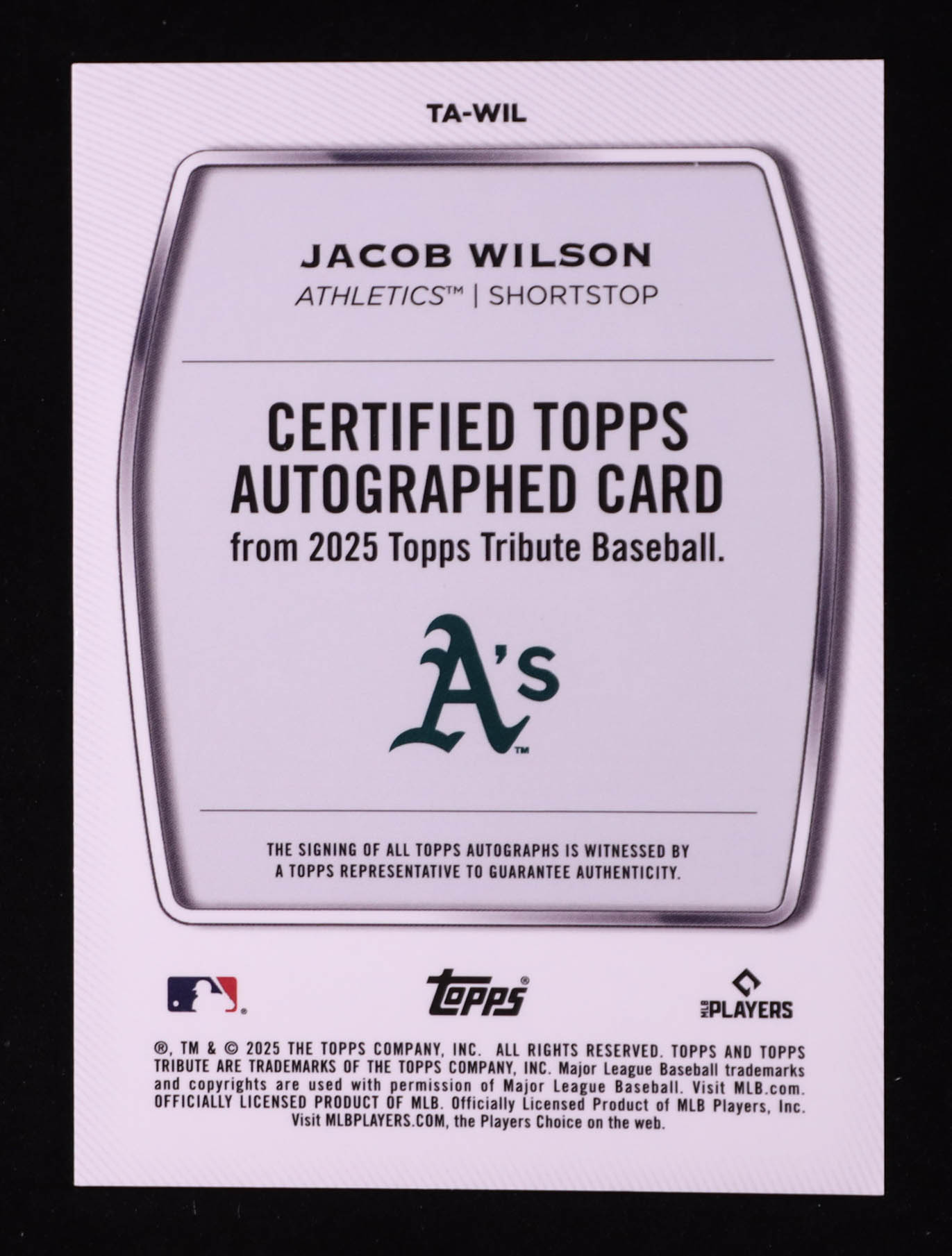 Jacob Wilson 2025 Topps Tribute Autographs Green #TAWIL #55/99 RC at PristineAuction.com Jacob Wilson 2025 Topps Tribute Autographs Green #TAWIL #55/99 RC at PristineAuction.com
