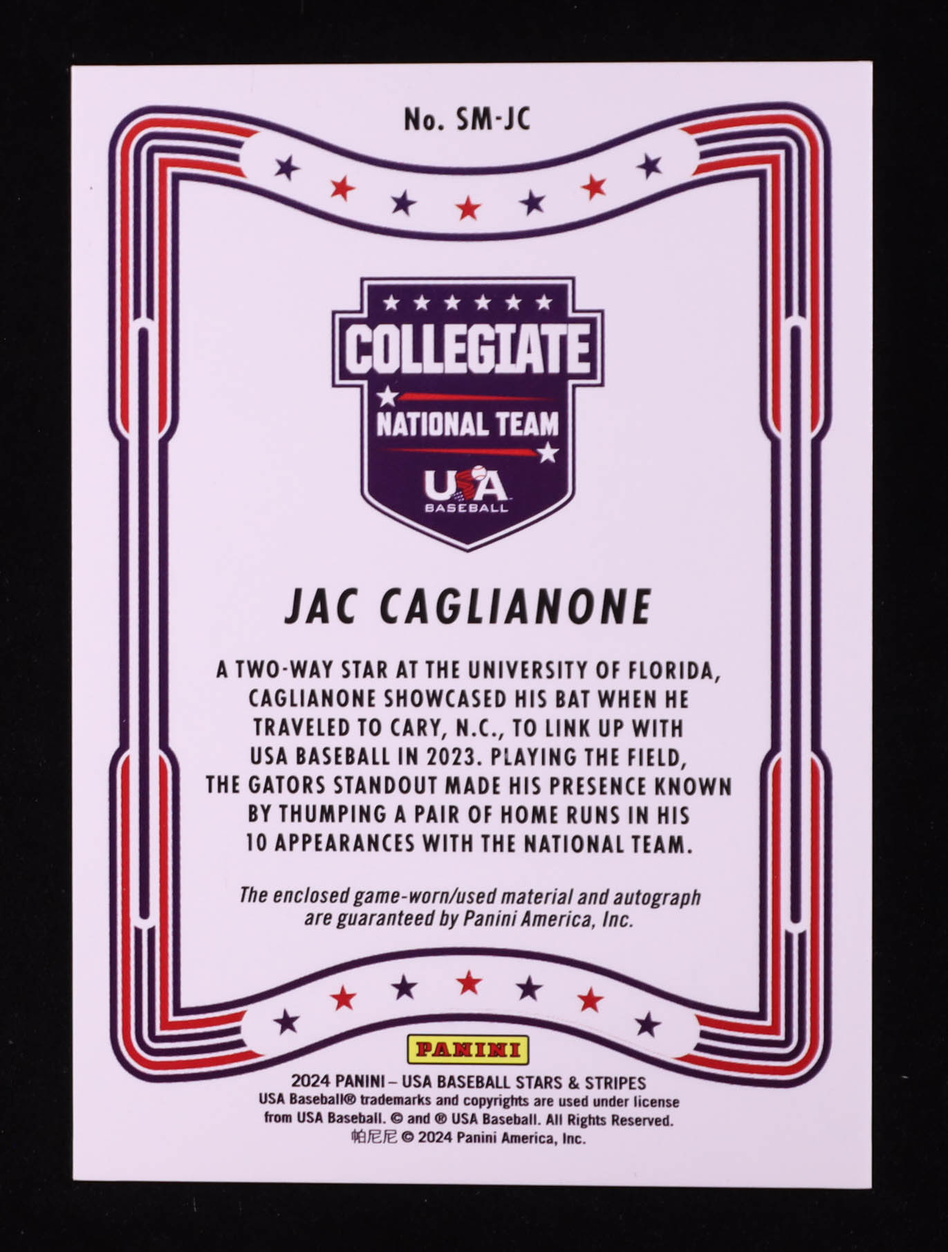 Jac Caglianone 2024 USA Baseball Stars and Stripes Stars and Stripes Signature Materials #65 RC at PristineAuction.com Jac Caglianone 2024 USA Baseball Stars and Stripes Stars and Stripes Signature Materials #65 RC at PristineAuction.com