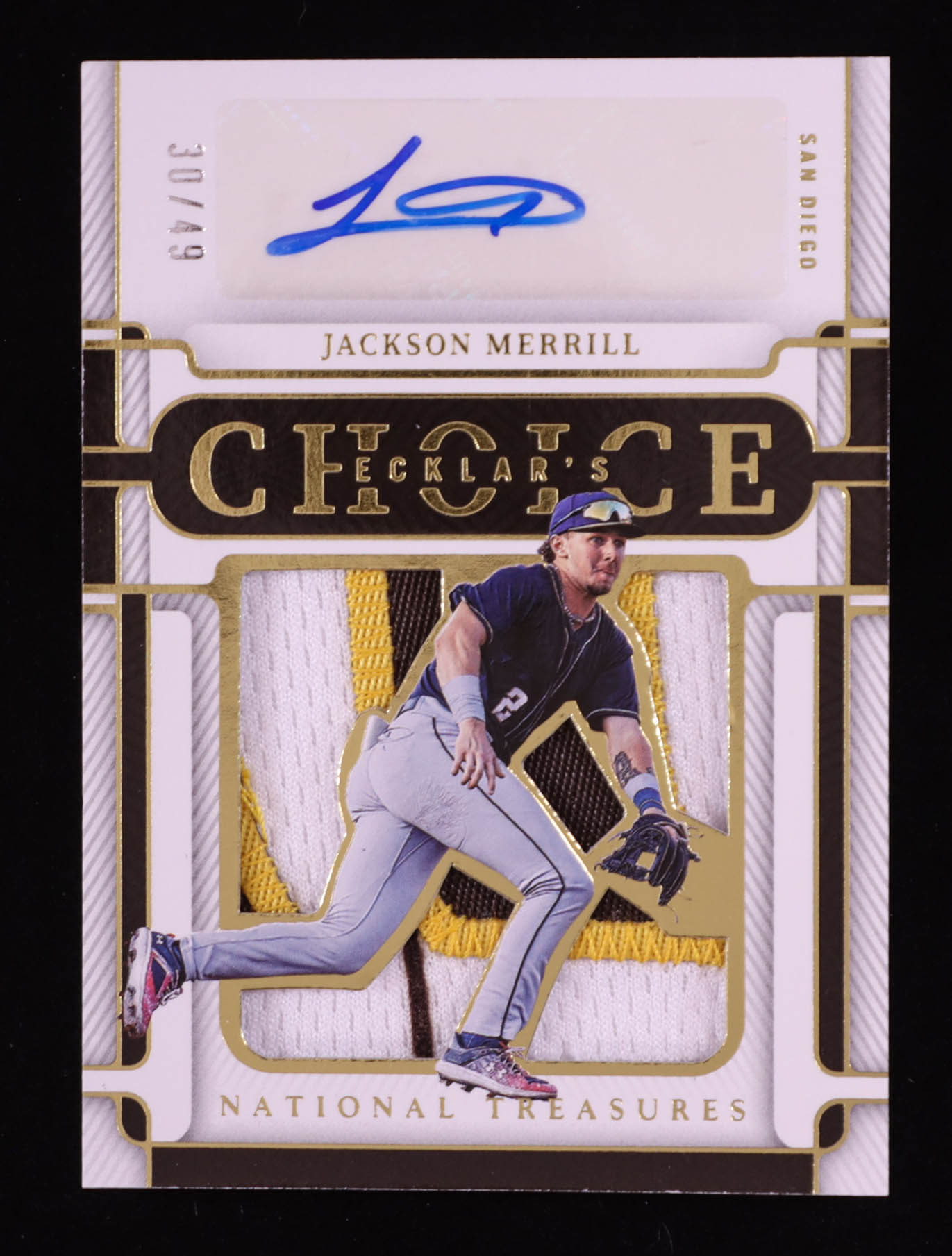 Jackson Merrill 2023 Panini National Treasures Ecklar's Choice Patch Autographs Gold #14 #30/49 RC at PristineAuction.com Jackson Merrill 2023 Panini National Treasures Ecklar's Choice Patch Autographs Gold #14 #30/49 RC at PristineAuction.com