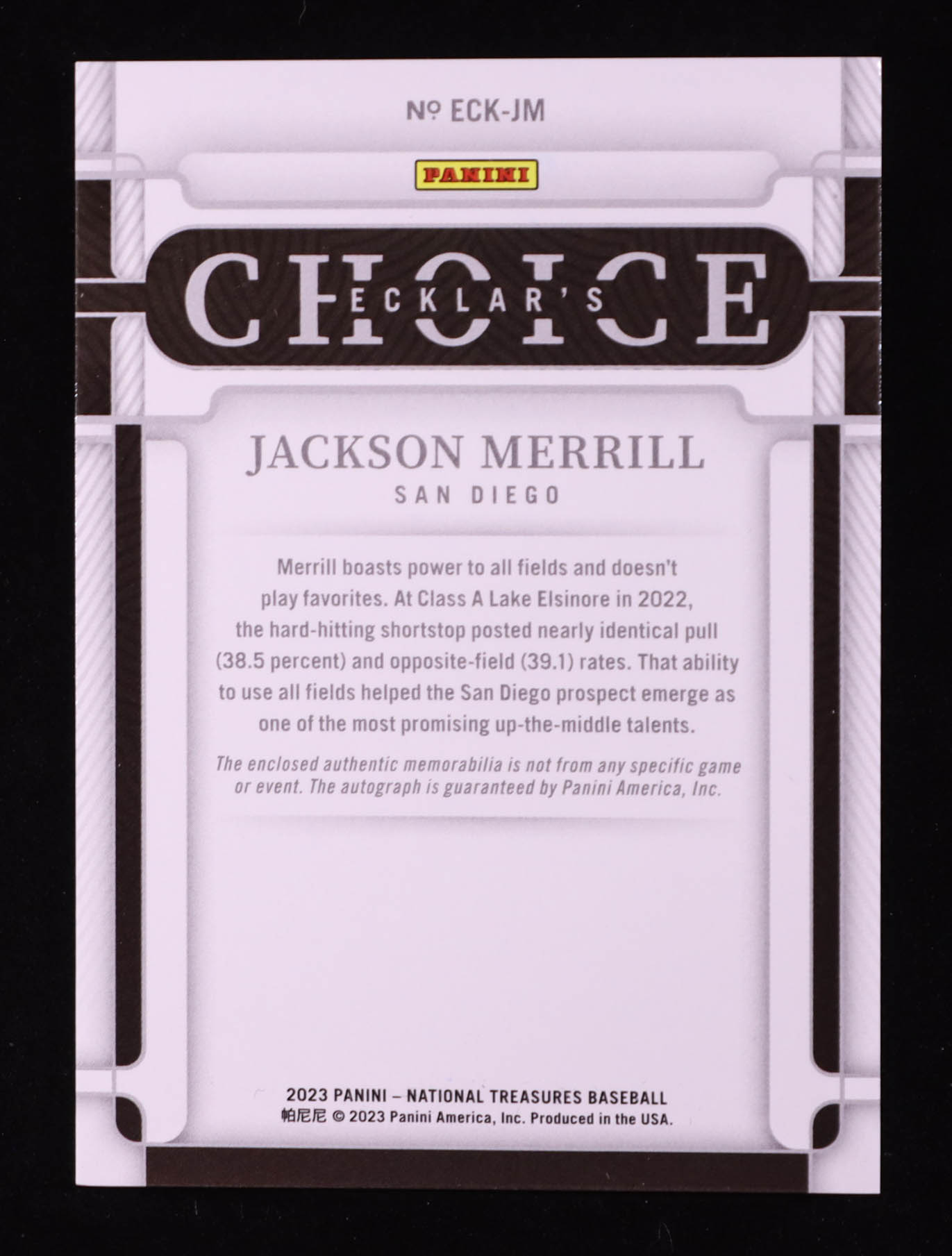Jackson Merrill 2023 Panini National Treasures Ecklar's Choice Patch Autographs Gold #14 #30/49 RC at PristineAuction.com Jackson Merrill 2023 Panini National Treasures Ecklar's Choice Patch Autographs Gold #14 #30/49 RC at PristineAuction.com