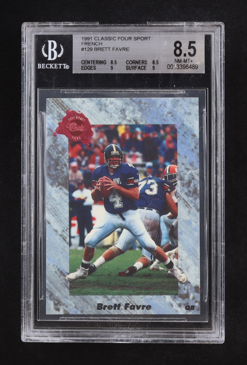 Brett Favre 1991 Classic Four Sport French #129 RC (BGS 8.5) at PristineAuction.com Brett Favre 1991 Classic Four Sport French #129 RC (BGS 8.5) at PristineAuction.com