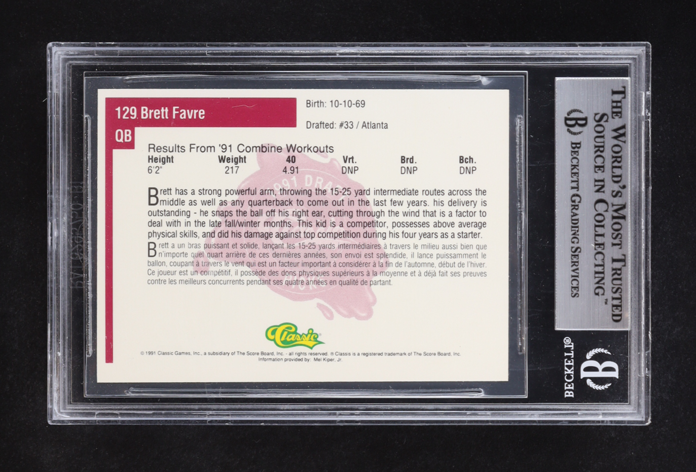 Brett Favre 1991 Classic Four Sport French #129 RC (BGS 8.5) at PristineAuction.com Brett Favre 1991 Classic Four Sport French #129 RC (BGS 8.5) at PristineAuction.com