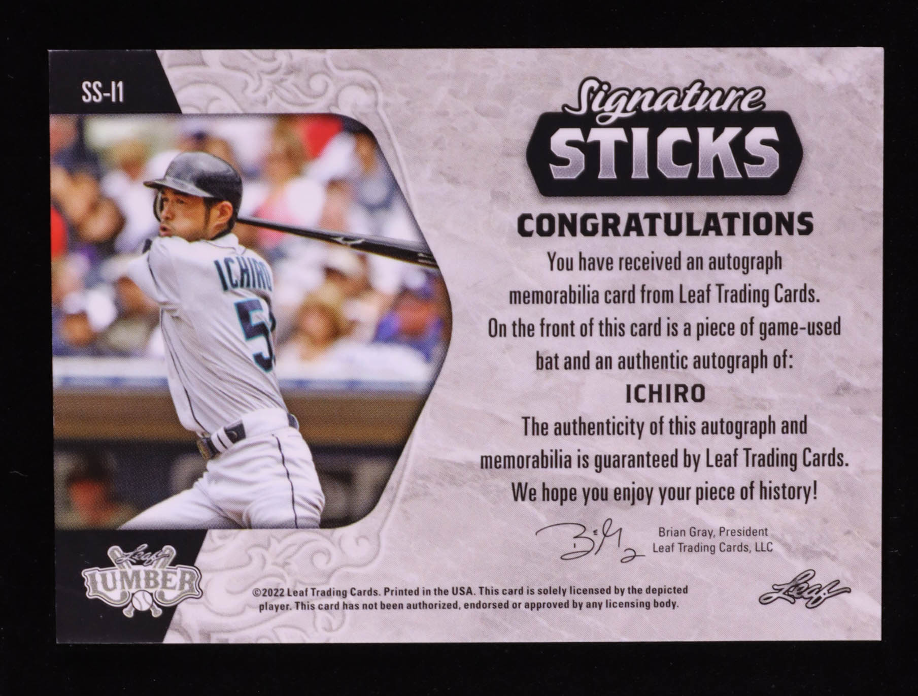 Ichiro Suzuki 2022 Leaf Lumber Signature Sticks Game-Used Memorabilia #SS11 #10/14 at PristineAuction.com Ichiro Suzuki 2022 Leaf Lumber Signature Sticks Game-Used Memorabilia #SS11 #10/14 at PristineAuction.com
