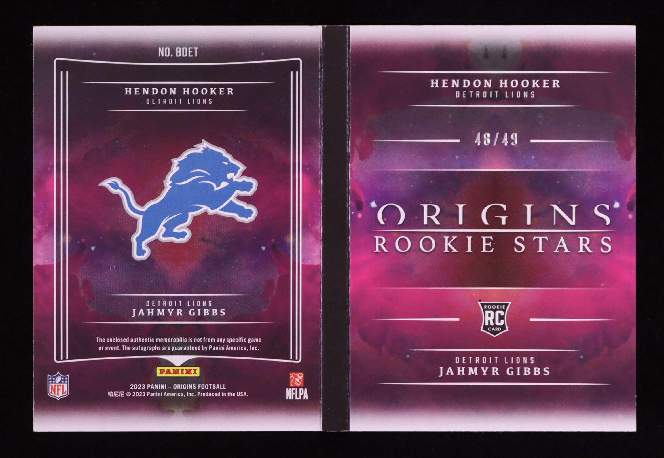 Jahmyr Gibbs / Hendon Hooker 2023 Panini Origins Rookie Stars Dual Patch Signatures Booklet #1 #48/49 RC at PristineAuction.com Jahmyr Gibbs / Hendon Hooker 2023 Panini Origins Rookie Stars Dual Patch Signatures Booklet #1 #48/49 RC at PristineAuction.com