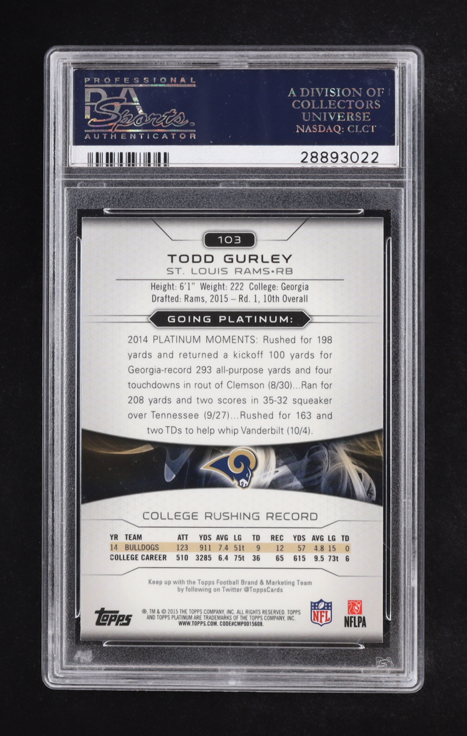 Todd Gurley 2015 Topps Platinum #103 (PSA 10) at PristineAuction.com Todd Gurley 2015 Topps Platinum #103 (PSA 10) at PristineAuction.com