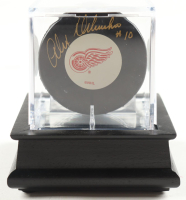 Alex Delvecchio Signed Red Wings Logo Puck in Display Case (JSA) at PristineAuction.com