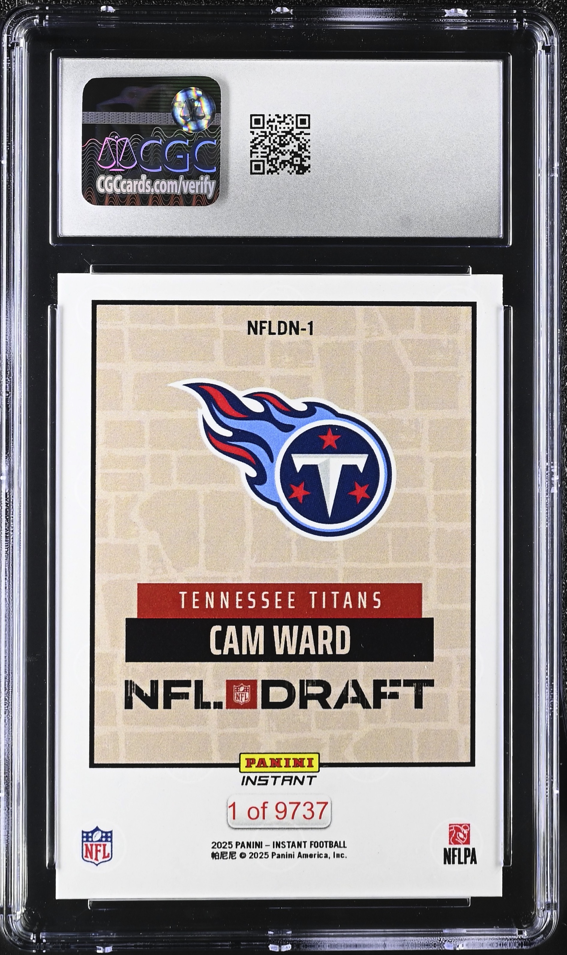 Cam Ward 2025 Panini Instant #NFLDN-1 Draft Night RC (CGC 10) at PristineAuction.com Cam Ward 2025 Panini Instant #NFLDN-1 Draft Night RC (CGC 10) at PristineAuction.com